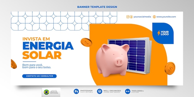 Energia solar de banner em renderização 3d portuguesa para campanha de marketing no brasil