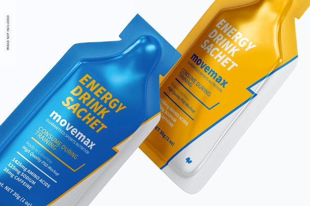 Energy drink sachet mockup, nahaufnahme