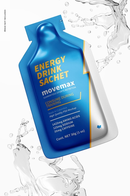 Energy drink sachet mockup, schwimmend