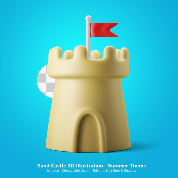 enfance château de sable été plage vacances illustration 3d icône 3d couleur modifiable