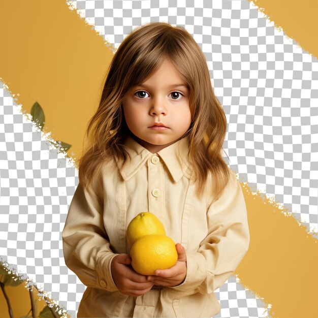 PSD un enfant d'âge préscolaire ressenti avec les cheveux longs de l'ethnie scandinave vêtu d'une tenue de climatologue pose dans un style soft gaze avec tête inclinée sur un fond pastel citron