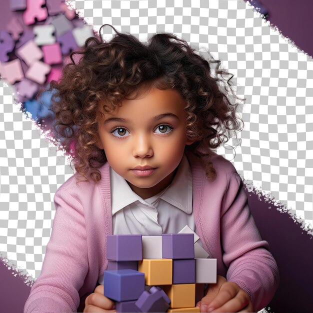 PSD une enfant anxieuse aux cheveux bouclés de l'origine ethnique sud-asiatique vêtue d'une tenue de résolution d'énigmes pose dans un style de regard direct intense sur un fond lilas pastel