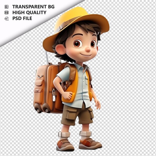 PSD un enfant asiatique voyageant dans le style de dessin animé 3d à fond blanc iso