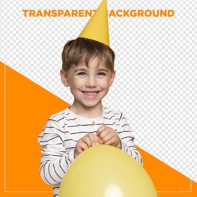 enfant avec un chapeau d'anniversaire tenant un ballon de fête avec un fond transparent