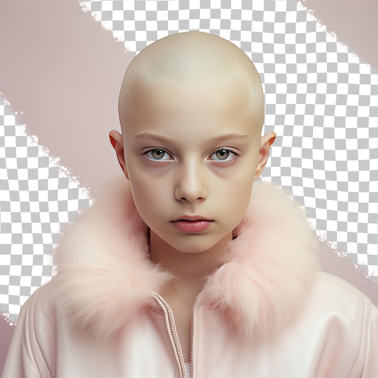 PSD une enfant à cheveux chauves de l'ethnie uralienne vêtue d'une tenue de maquilleuse pose dans un style intense direct gaze sur un fond pastel cream