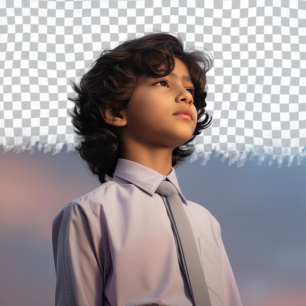 PSD un enfant avec les cheveux ondulés de l'ethnie d'asie de l'ouest vêtu d'une tenue de commis de bureau pose dans un profil avec un style d'éclairage dramatique sur un fond bleu ciel pastel