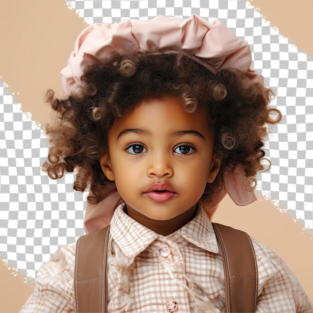 PSD enfant en colère en tenue de brasseur femme afro-américaine aux cheveux ondulés main douce sur la joue arrière-plan crème pastel