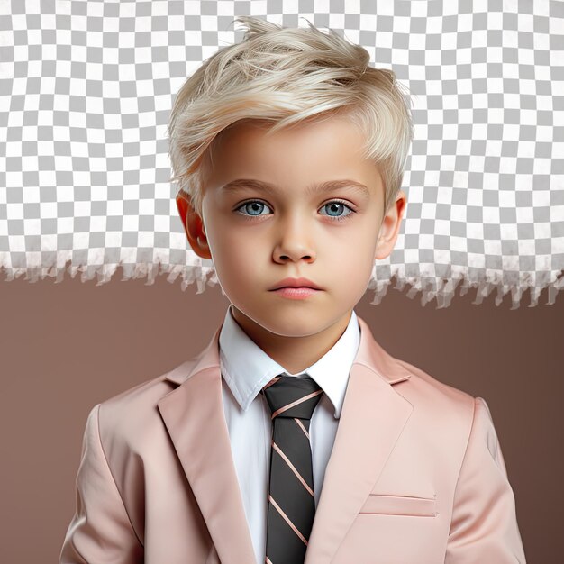 Un Enfant Confiant Avec Des Cheveux Blonds De L'ethnie Mongole Vêtu D'une Tenue De Coroner Pose En Tête Inclinée Avec Un Style D'expression Sérieuse Sur Un Fond Pastel Pêche