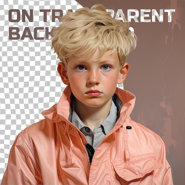 PSD un enfant confiant avec des cheveux blonds de l'ethnie mongole vêtu d'une tenue de coroner pose en tête inclinée avec un style d'expression sérieuse sur un fond pastel pêche