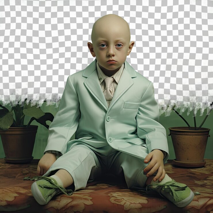 PSD un enfant confus avec les cheveux chauves de l'ethnie uralienne vêtu d'une tenue botanique pose dans un style assis avec une main levée sur un fond vert pastel