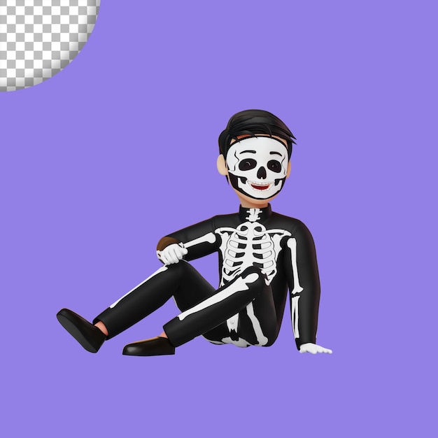 PSD enfant en costume de squelette se préparant pour l'illustration de rendu 3d de la fête d'halloween