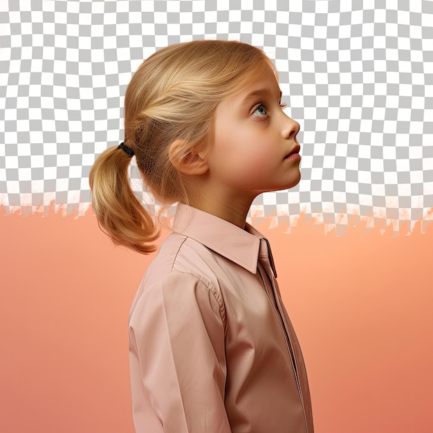 PSD une enfant découragée aux cheveux blonds d'origine scandinave vêtue d'une tenue de physiothérapeute pose dans un style de silhouette de profil sur un fond de corail pastel