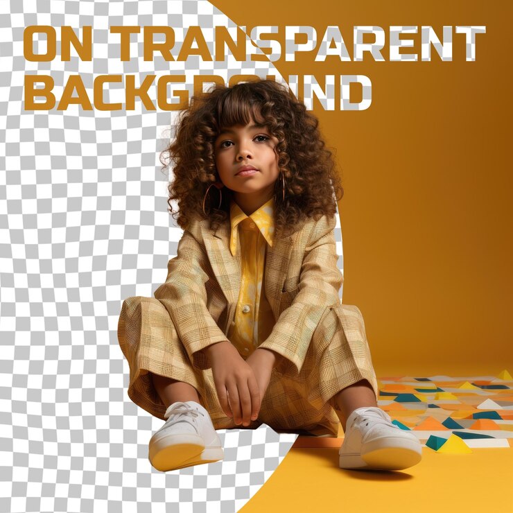 PSD une enfant défensive avec les cheveux bouclés de l'ethnie d'asie de l'ouest vêtue de jeux de société pose dans un style assis avec les jambes étendues sur un fond jaune pastel