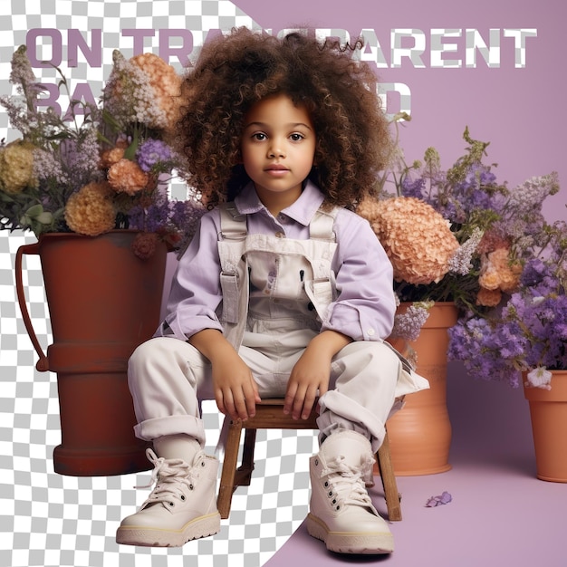 PSD une enfant défensive avec les cheveux bouclés d'origine ethnique d'asie de l'est vêtue de jardinage dans le jardin pose dans un style laid back chair lean sur un fond pastel lilas