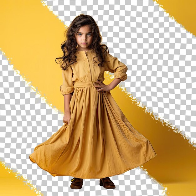 PSD une enfant dégoûtée aux cheveux ondulés d'origine ethnique d'asie du sud-est vêtue d'une tenue de spécialiste des ressources humaines pose en pleine longueur avec un style de robe flottante contre un jaune pastel