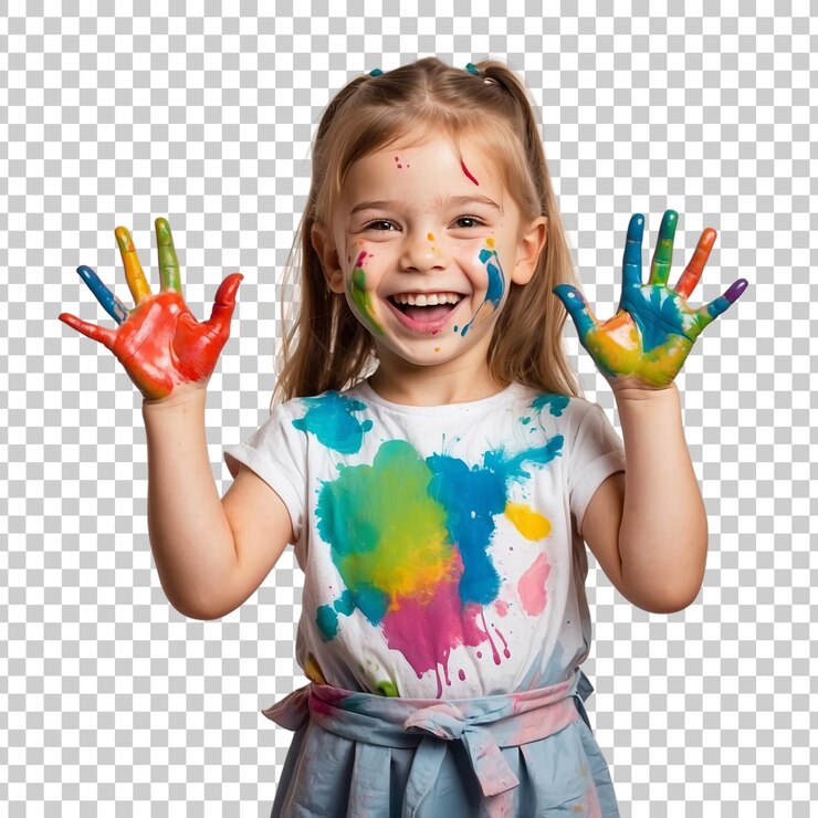 PSD une enfant drôle dessinant et riant les mains sales avec de la peinture