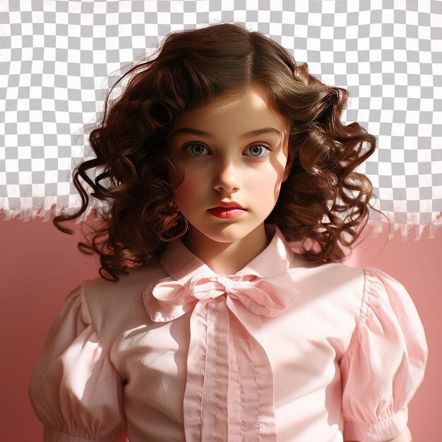 PSD une enfant embarrassée aux cheveux ondulés d'origine hispanique habillée en tenue de baker pose dans un style de jeu d'ombre dramatique sur un fond rose pastel