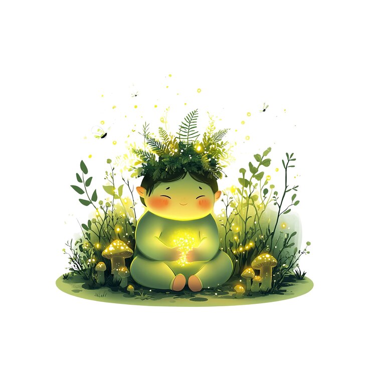 PSD l'enfant-esprit enchanté de la nature médite dans une forêt lumineuse