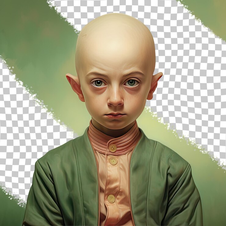 PSD un enfant exaspéré avec les cheveux chauves de l'ethnie slave vêtu d'une tenue de physicien pose dans un style casual hair tug sur un fond vert pastel