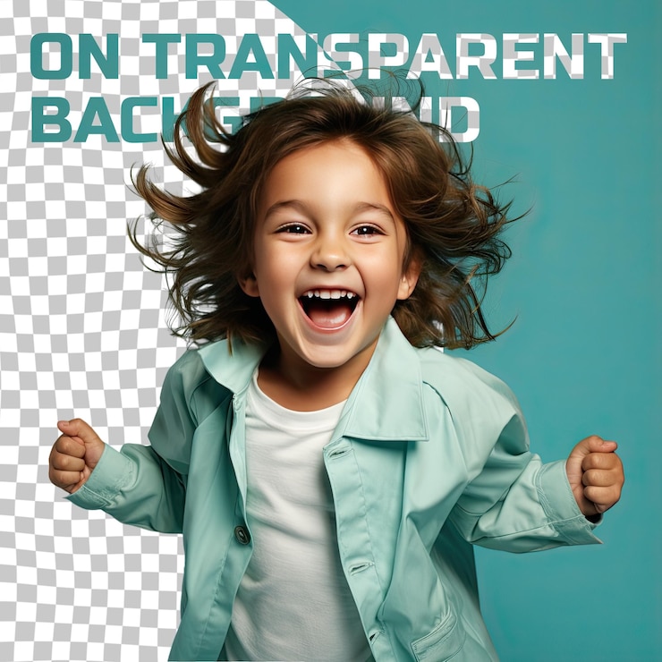 PSD un enfant excité aux cheveux longs d'origine mongole vêtu d'une tenue de massothérapeute pose dans un style one shoulder forward sur un fond pastel turquoise