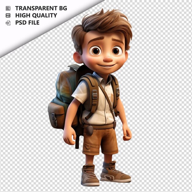 PSD un enfant explorant l'europe en 3d sur un fond blanc de style dessin animé