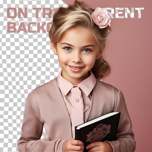 PSD une enfant extatique aux cheveux blonds d'origine slave vêtue d'une tenue d'écriture pose dans un style one hand on waist sur un fond rose pastel