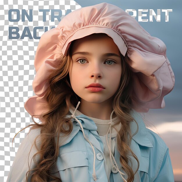 PSD une enfant-fille empathique aux cheveux longs de l'ethnie nordique habillée en voyage vers de nouveaux endroits pose dans un style close up of lips sur un fond pastel sky blue