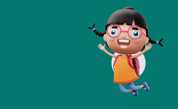 Enfant heureux avec sac jolie fille personnage de dessin animé rendu 3d