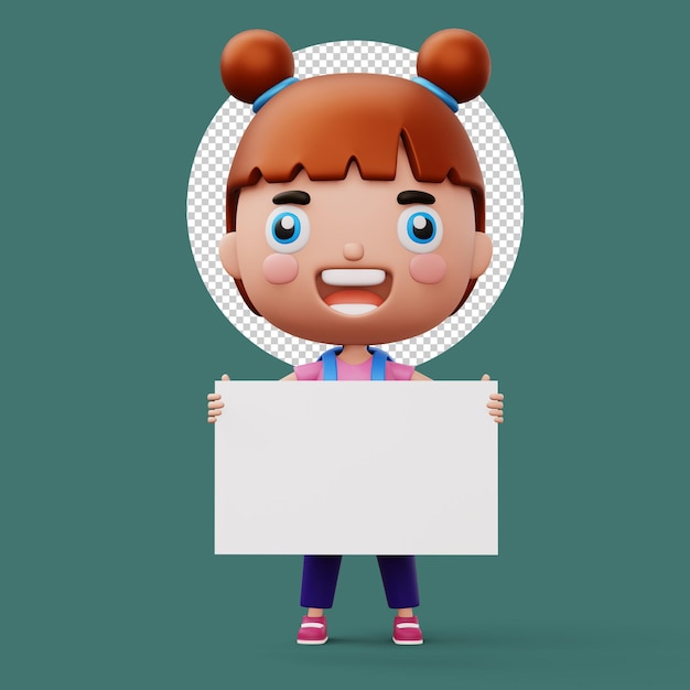 PSD enfant heureux avec un sac tenant un tableau blanc blanc fille mignonne personnage de dessin animé 3d rendu