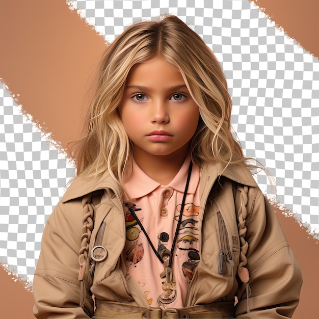 PSD une enfant inspirée aux cheveux blonds de l'ethnie amérindienne vêtue d'une tenue de géographe pose dans une posture sérieuse avec les bras croisés sur un fond beige pastel