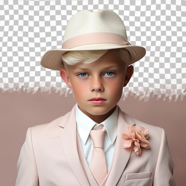 Un Enfant Isolé Avec Des Cheveux Blonds De L'ethnie Africaine Vêtu D'une Tenue De Commis De Bureau Pose Dans Un Style Gaze Through A Prop Comme Un Chapeau Sur Un Fond Pastel Rose