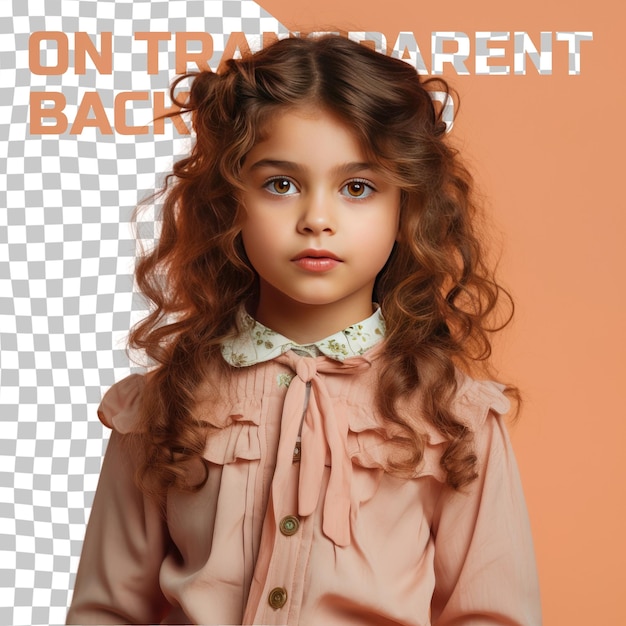 PSD une enfant jalouse aux cheveux ondulés de l'ethnie uralienne vêtue d'une tenue maçonnique pose dans un style casual hair tug sur un fond de corail pastel