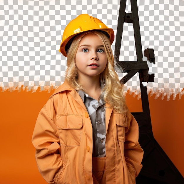 Une Enfant Jubilante Aux Cheveux Blonds D'origine Ethnique Du Moyen-orient Vêtue D'une Tenue D'opérateur De Grue Pose Dans Un Style De Jeu D'ombre Dramatique Sur Un Fond De Mandarine Pastel