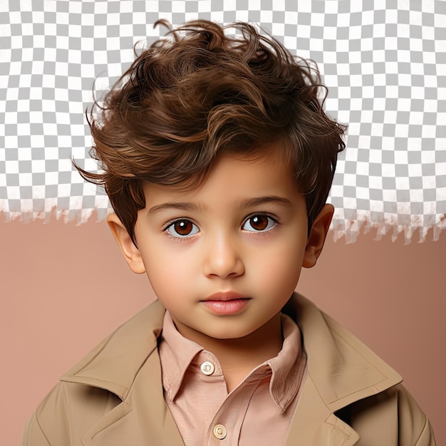 PSD un enfant mal à l'aise aux cheveux courts d'origine ethnique du moyen-orient vêtu d'une tenue de psychologue pose en tête inclinée avec un style d'expression sérieuse sur un fond beige pastel