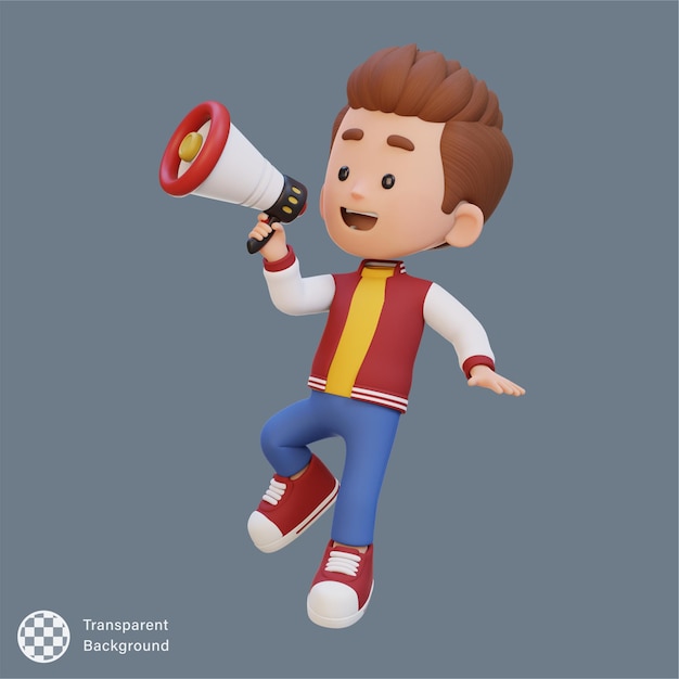 Un enfant mignon en 3D Un personnage qui saute et parle au mégaphone