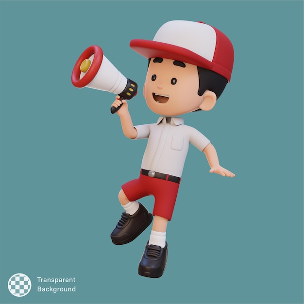Un enfant mignon en 3D, un personnage sautant et parlant sur un mégaphone.