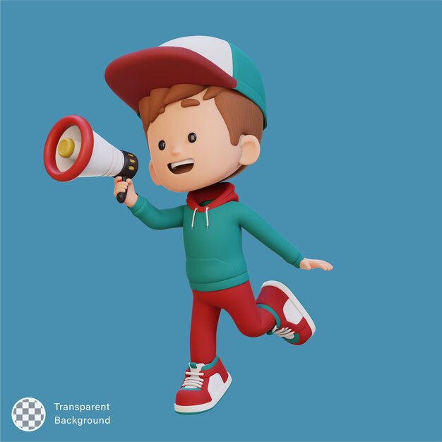 Un enfant mignon en 3D, un personnage sautant et parlant sur un mégaphone.