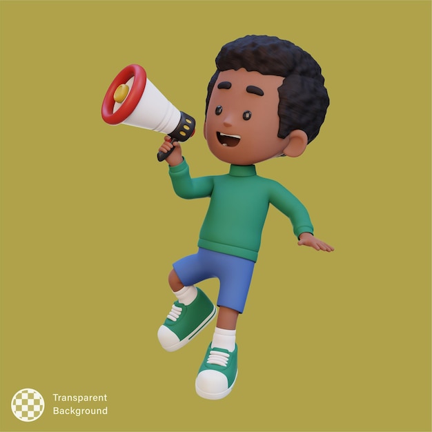 Un enfant mignon en 3D, un personnage sautant et parlant sur un mégaphone.