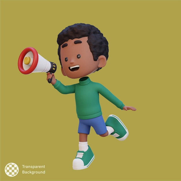 Un enfant mignon en 3D, un personnage sautant et parlant sur un mégaphone.