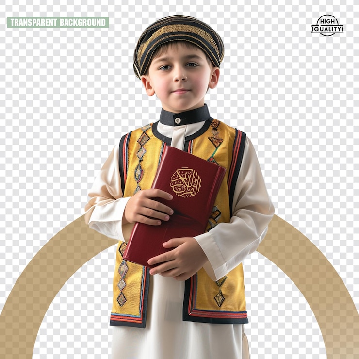 PSD un enfant musulman en vêtements arabes traditionnels tenant un livre sacré isolé