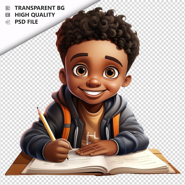 PSD l'enfant noir étudie en 3d dans le style de dessin animé avec un fond blanc isolé