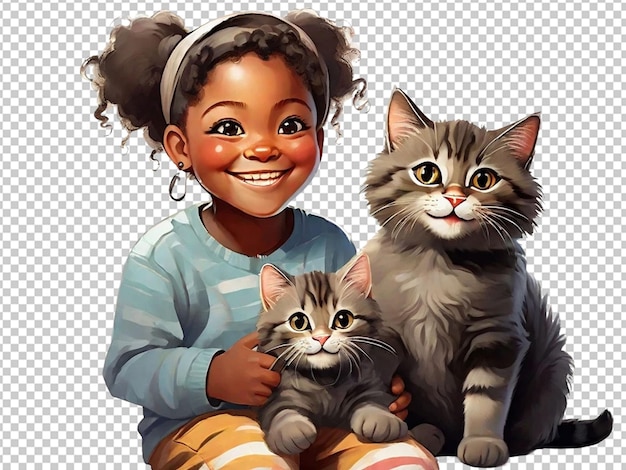 PSD un enfant noir tenant un chat avec un grand sourire