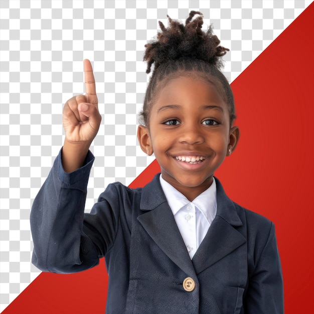 L'enfant pointe vers le haut en souriant.