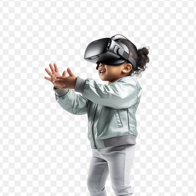 PSD un enfant portant un casque de réalité virtuelle avec les mots virtuel sur l'écran