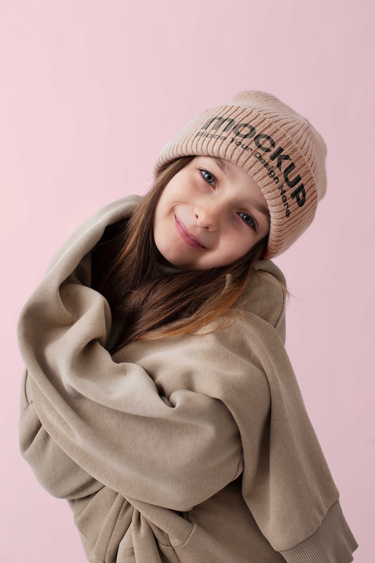 PSD enfant portant une maquette de bonnet