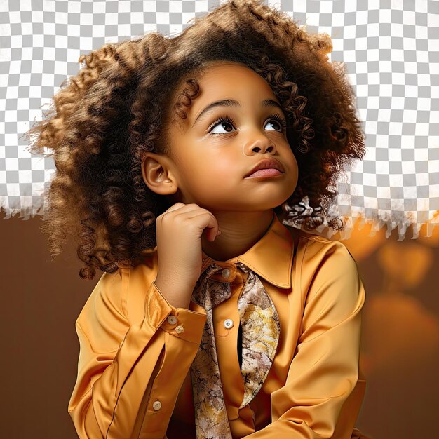 Une Enfant Reconnaissante, Une Fille Afro-américaine Aux Cheveux Pervers Et Réfléchie En Tenue D'actuaire Posant Sur Un Fond De Mandarine Pastel.