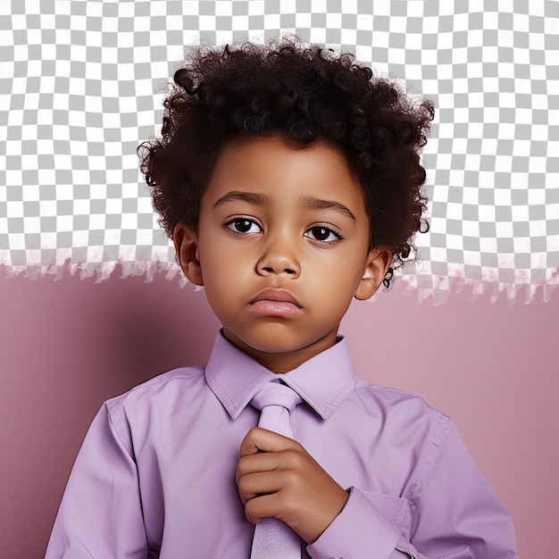 PSD un enfant rempli de remords avec des cheveux kinky de l'ethnie afro-américaine vêtu d'une tenue de conseiller pose dans un style gentle hand on cheek sur un fond pastel mauve