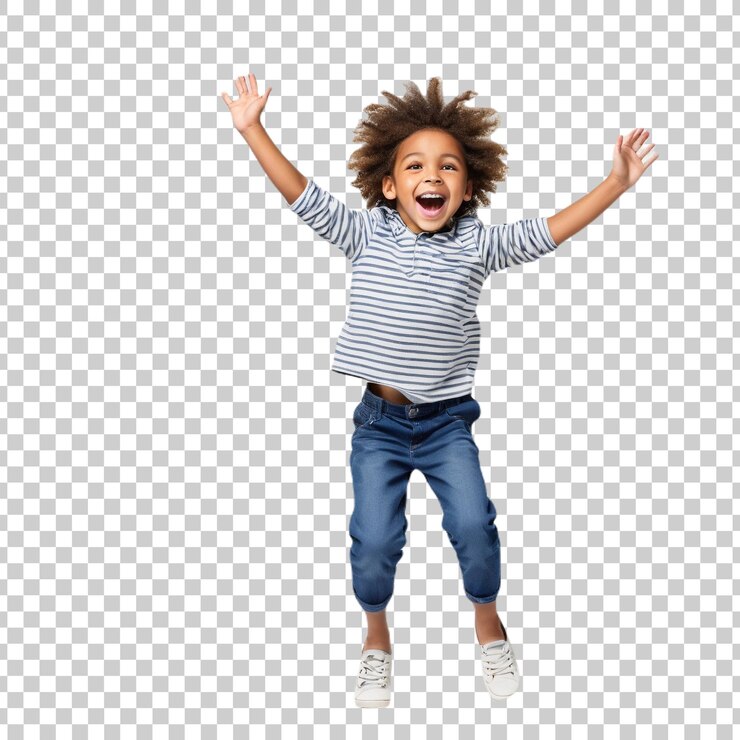 PSD un enfant sautant d'excitation avec les mains levées.