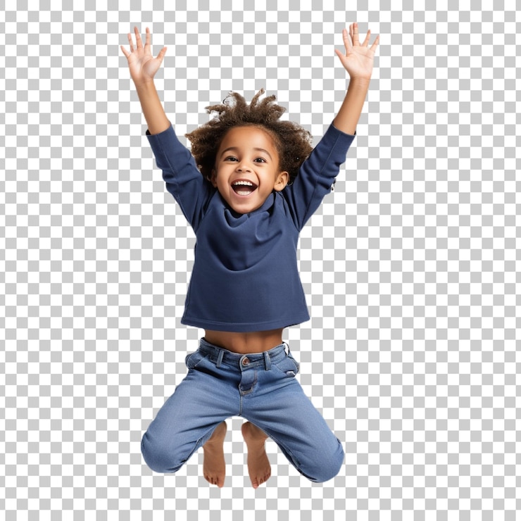 PSD un enfant sautant d'excitation avec les mains levées.