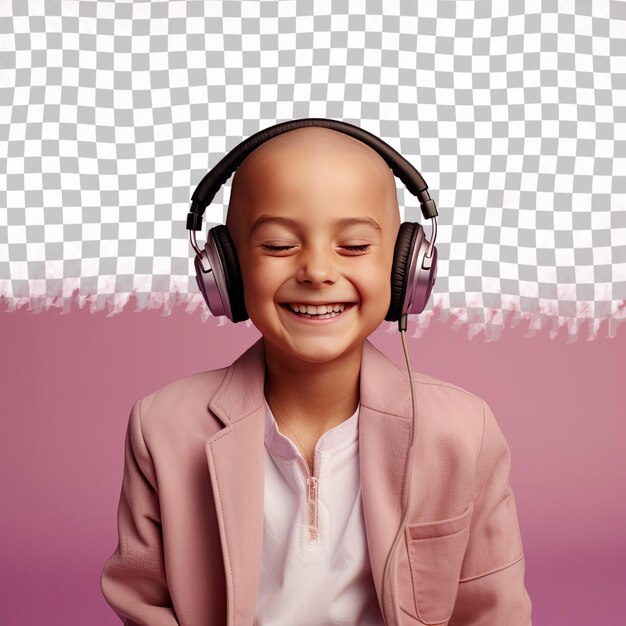 PSD un enfant serein avec les cheveux chauves de l'ethnie du moyen-orient vêtu d'une tenue d'écoute d'albums de musique pose dans une tête inclinée avec un style de sourire sur un fond pastel lavande